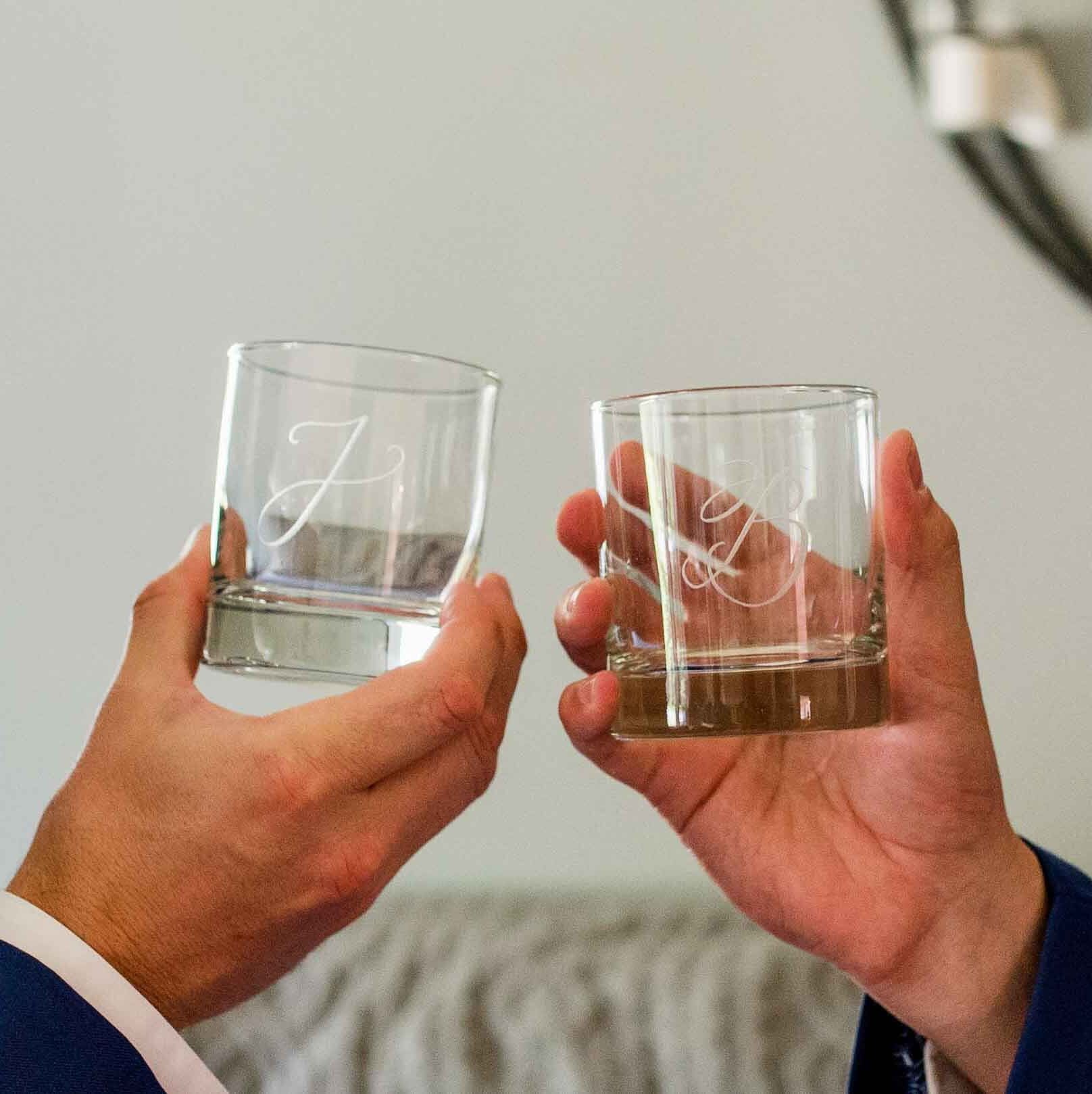calligraphy engraved drinking glasses with a "J" and a "B"